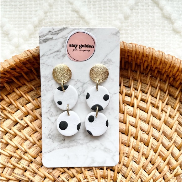 Handmade Polymer Clay Black & White Polka Dot Boho Drop Earrings - Picture 4 of 4